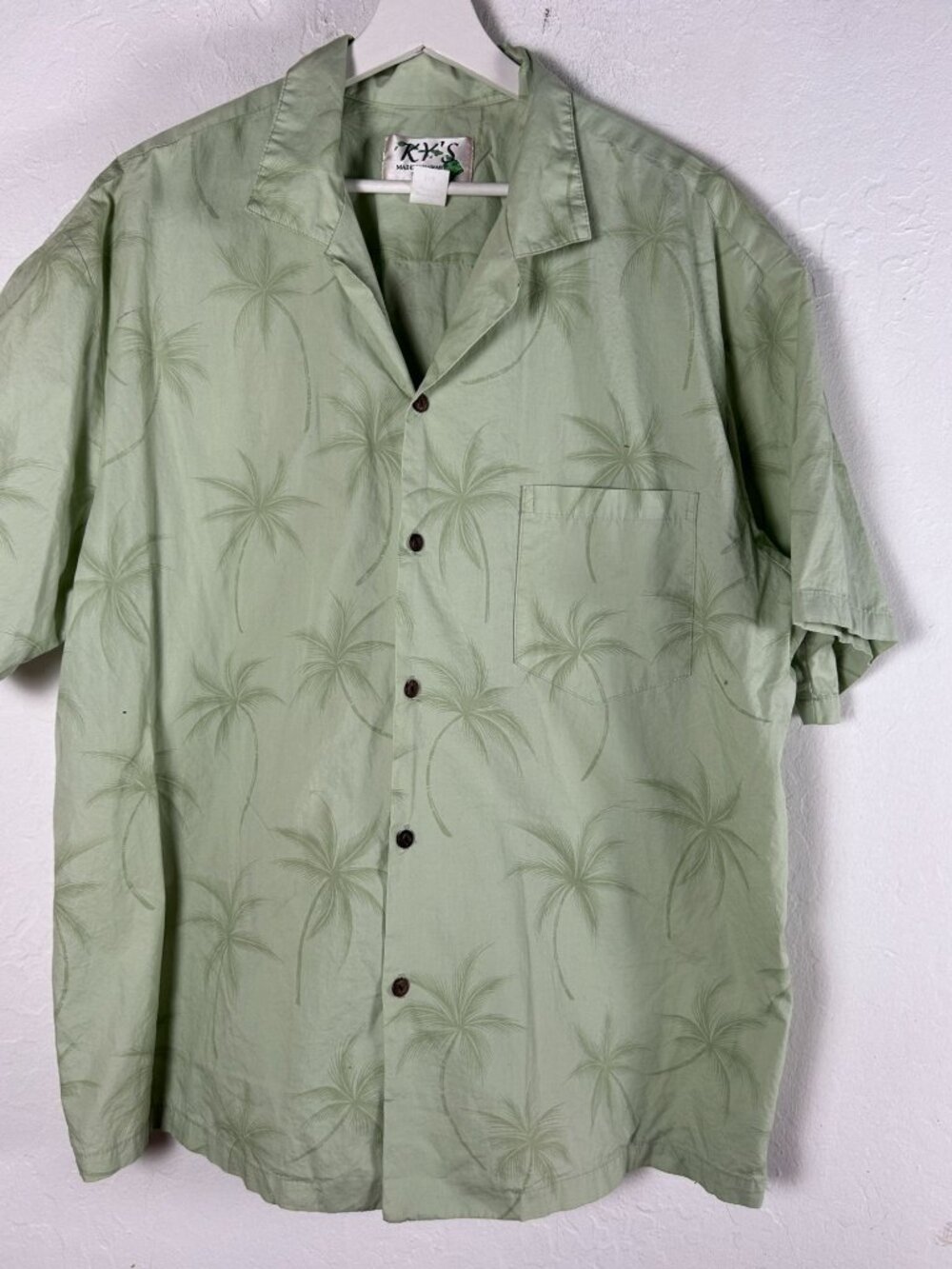 KY'S Made in Hawaii Men Shirt 2XL Green Palm Tree Print Cotton Hawaiian